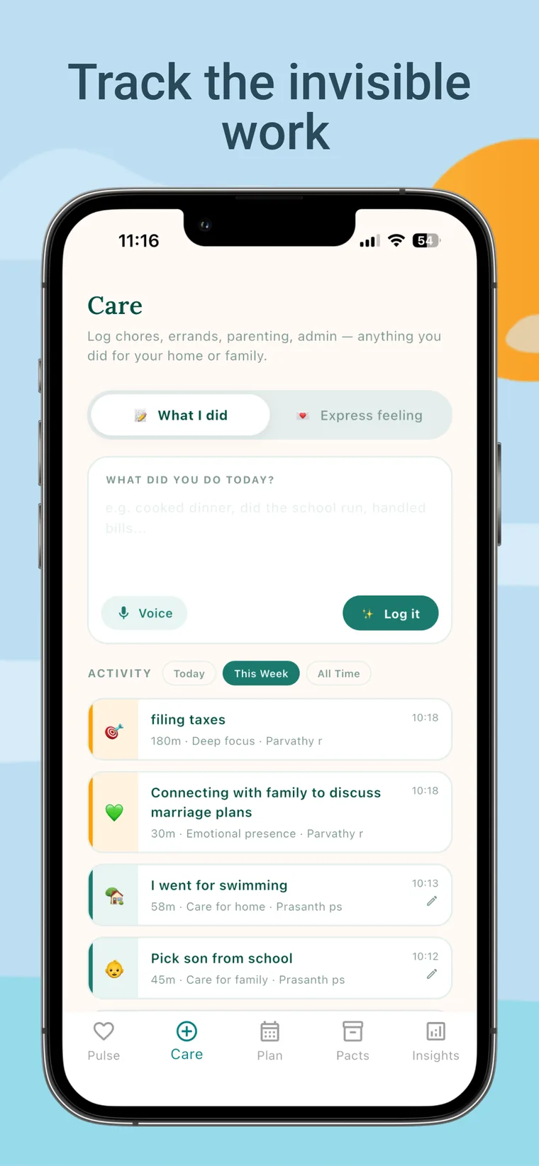 Track the invisible work — log chores, errands and emotional labour by voice or text