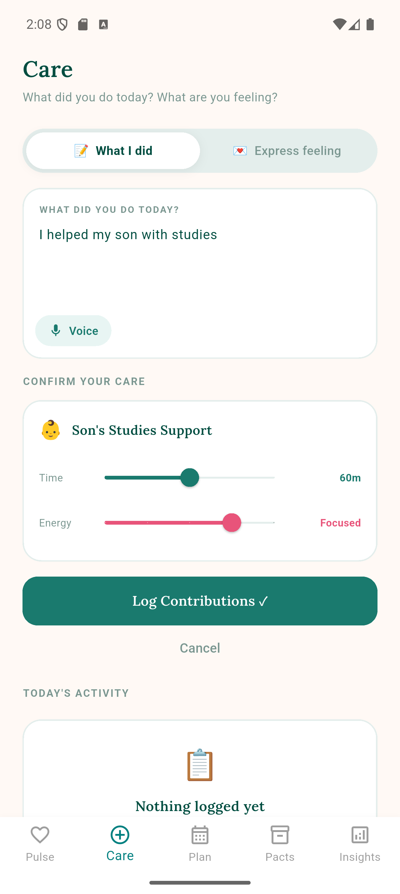 Log your care — type or speak what you did today